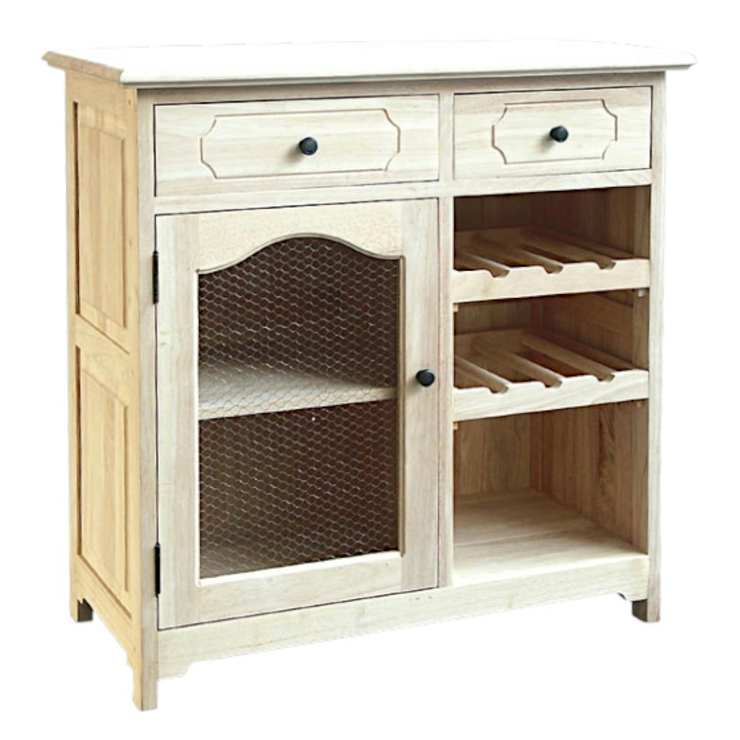 Meuble de cuisine Hévéa 2 tiroirs, 1 porte grillagée, 1 niche, 2 racks à bouteilles 84x43x84cm TRADITION