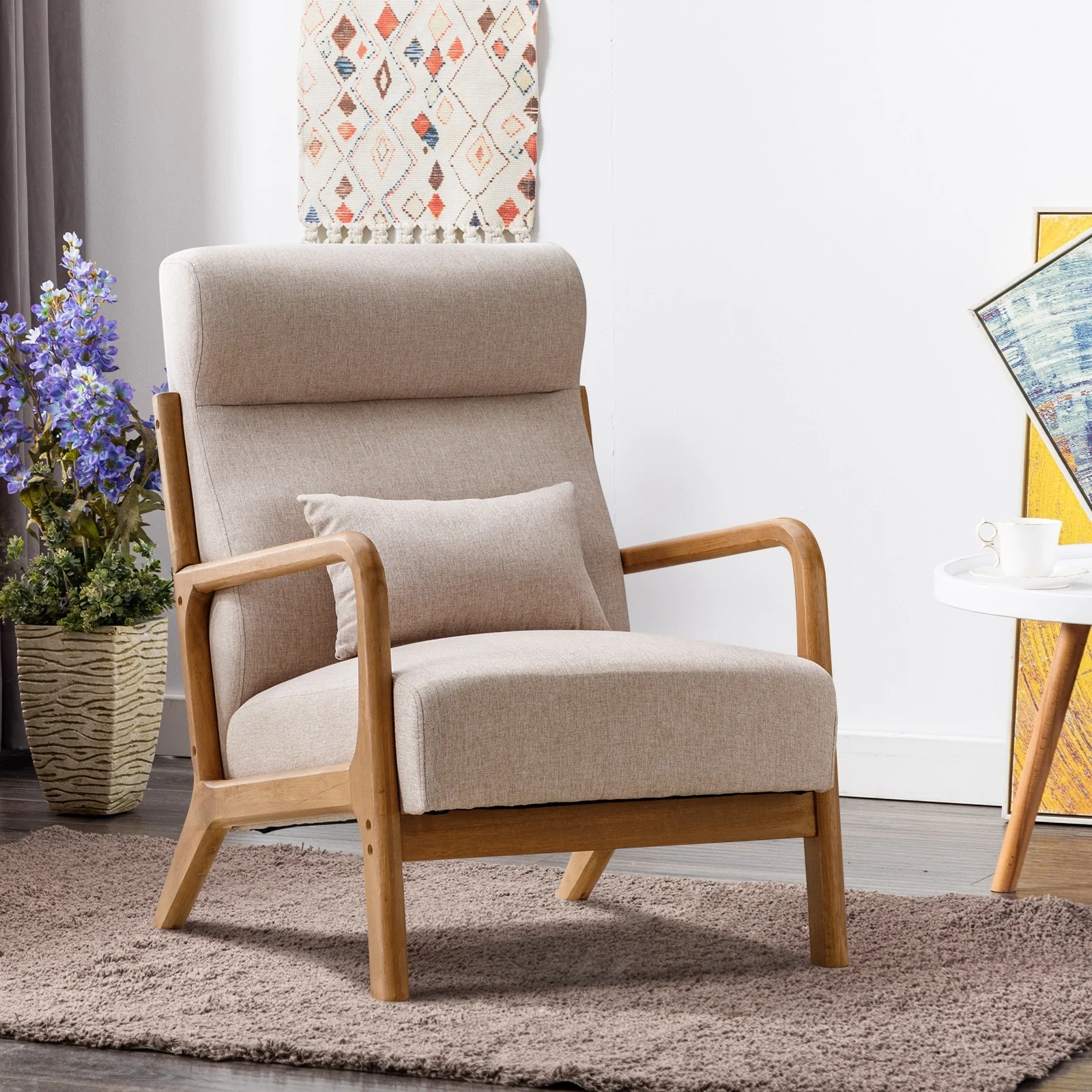 Upholstered Linen Blend Accent Chair with Wooden Legs and One Pillow