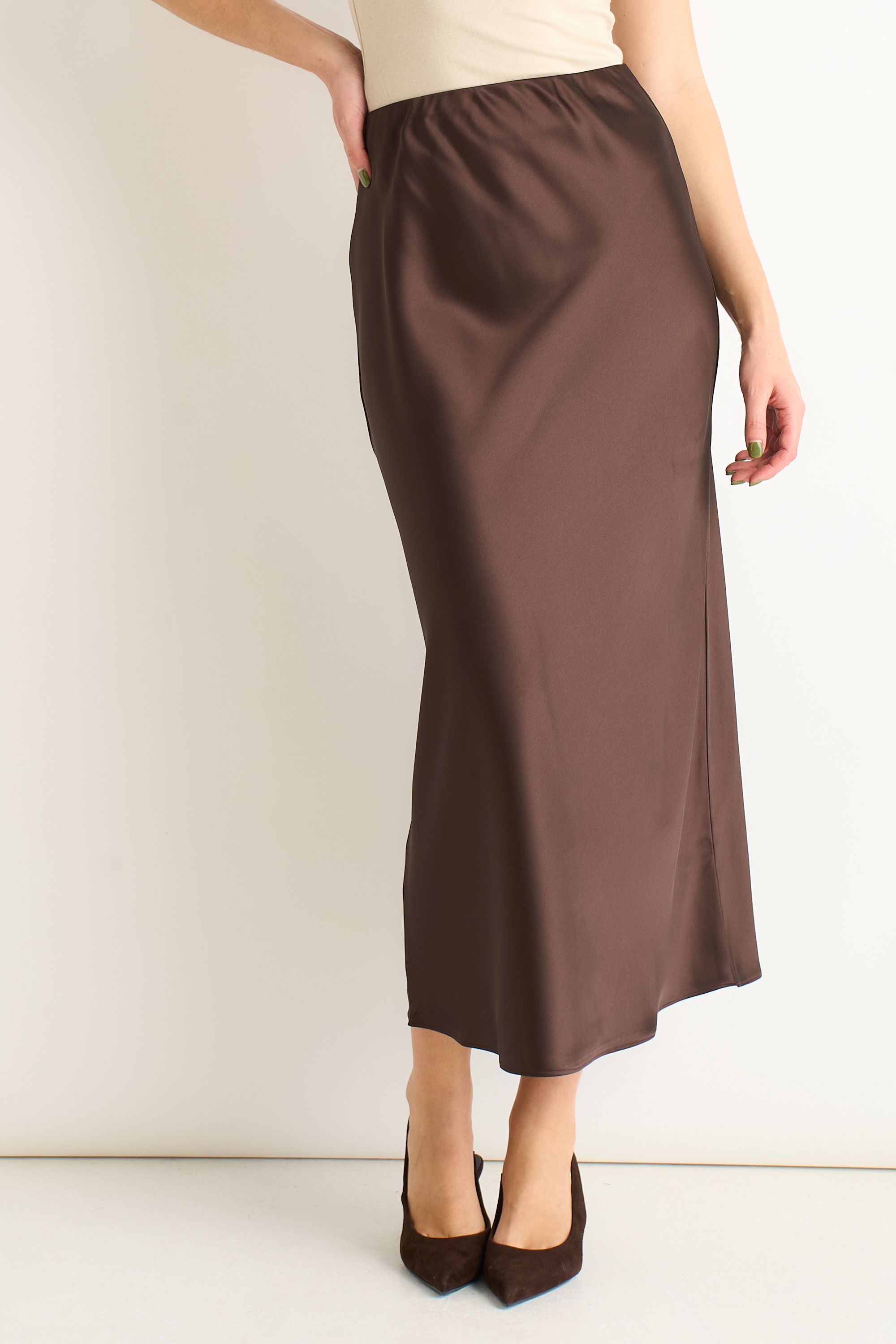Gini London Chocolate Satin Bias Cut Midi Skirt