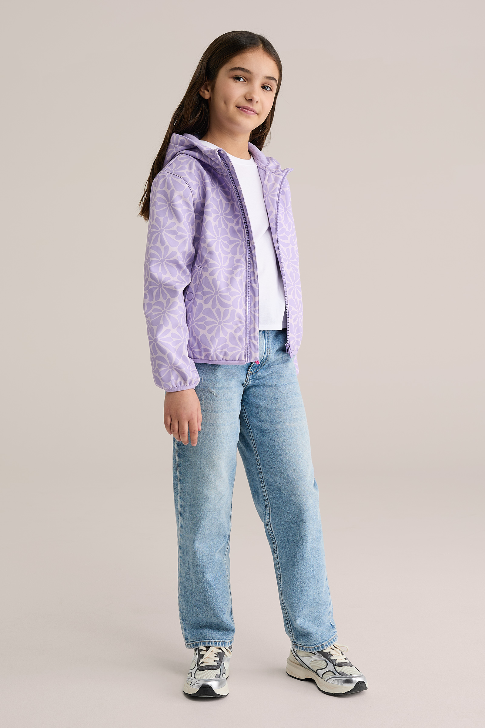 Meisjes softshell jack met print en capuchon