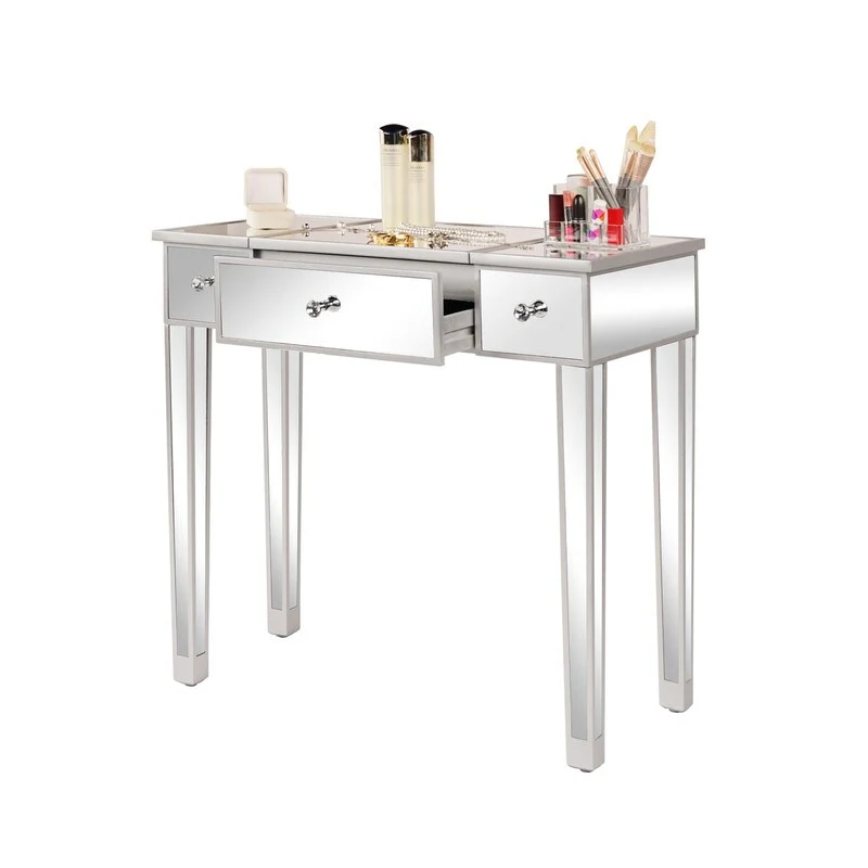 Mirrored Surface 1 Drawer Flip-up Desktop Writing Desk Vanity Desk Silver
