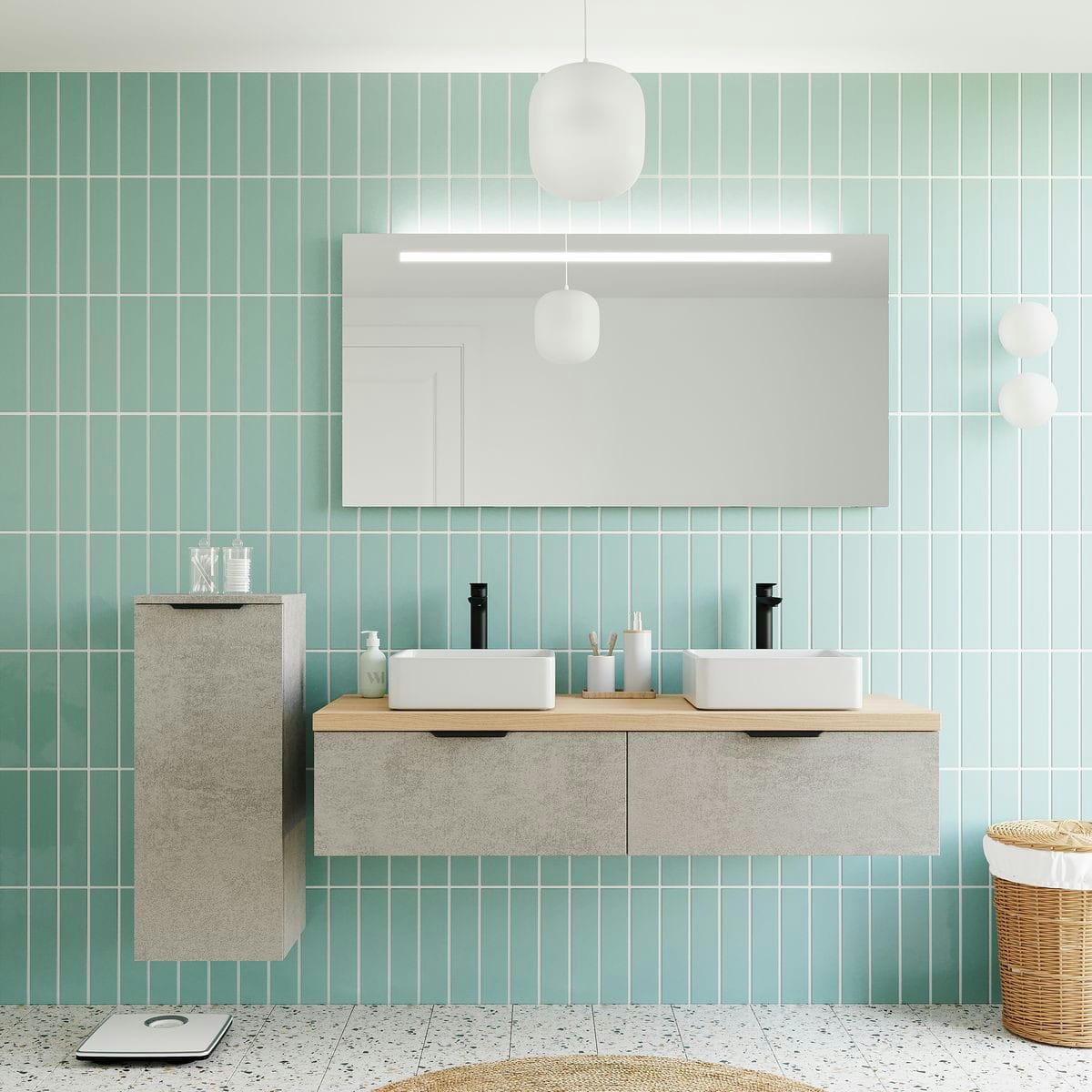 SOHO - Meuble salle de bain 2 vasques posées 140cm 2 tiroirs Béton