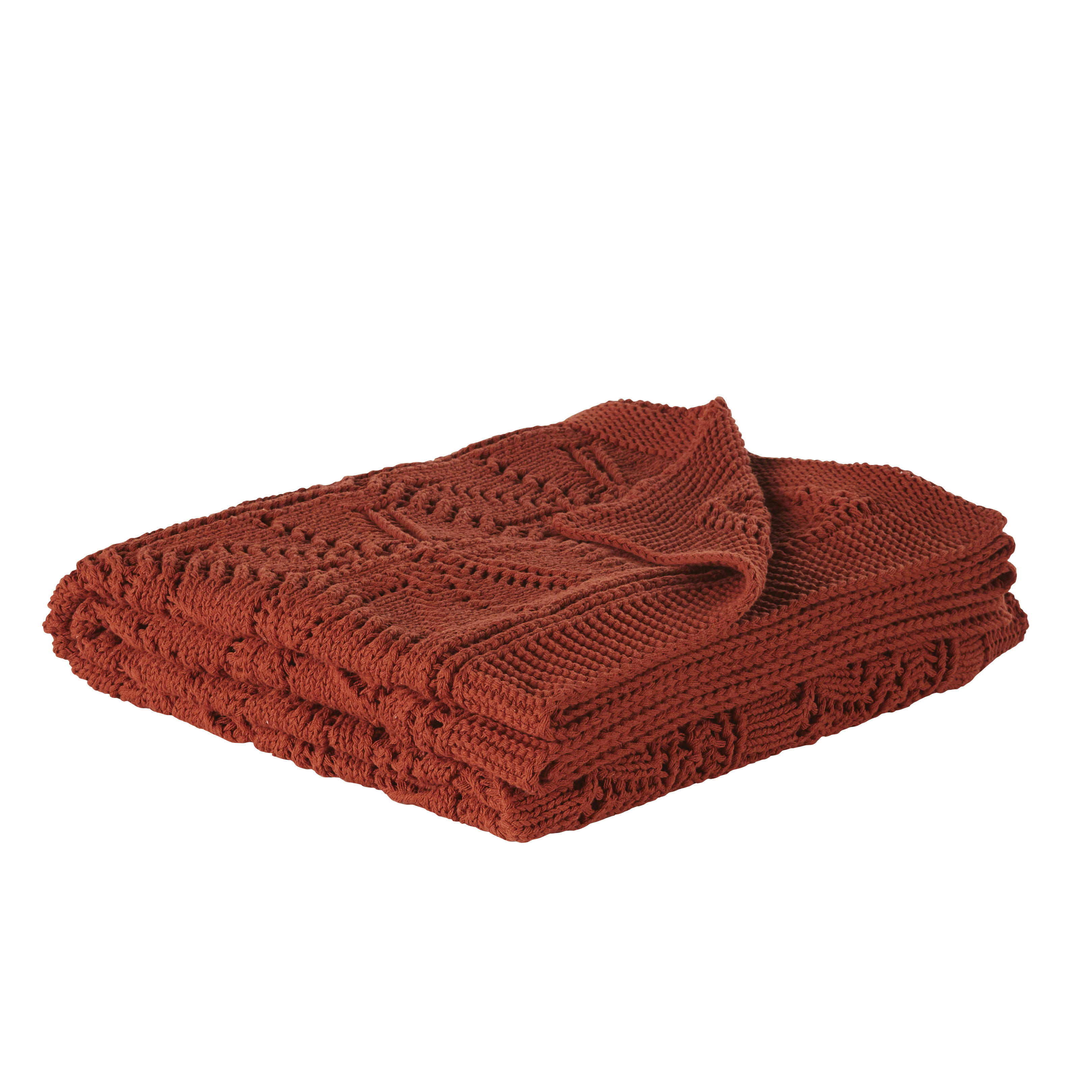 CANDICE - Plaid en coton tressé motif en relief terracotta 130x170