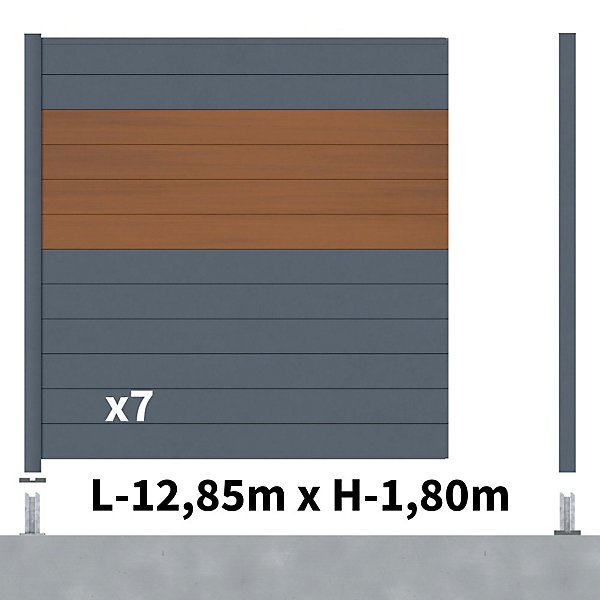 Kit Clôture Aluminium BAHIA &CRUZ Teck 12,85x1,8m - Aluminium et bois composite - Poteaux sur Platines gris - Occultation
