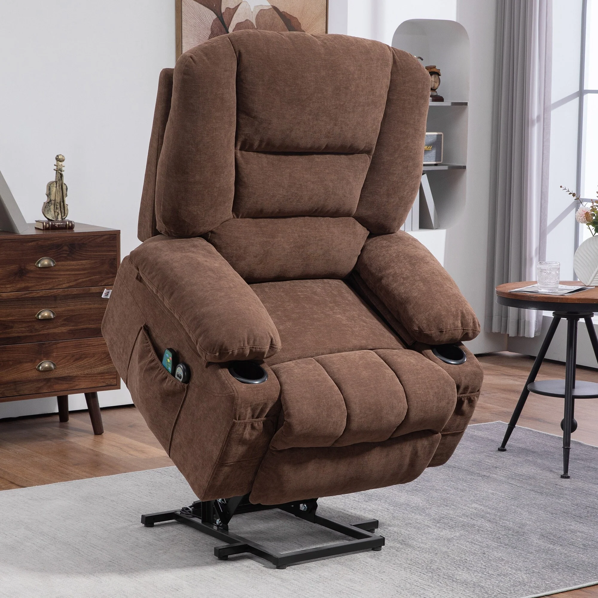 Brown Upholstered Power Lift Massage Recliner with Vibration Massage, Lumbar Heating, Cup Holder, Side Pockets