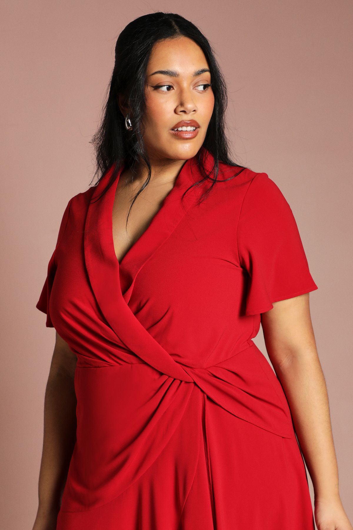 Coast Plus Shawl Collar Ruffle Hem Midi Dress With Fluted Sleeve