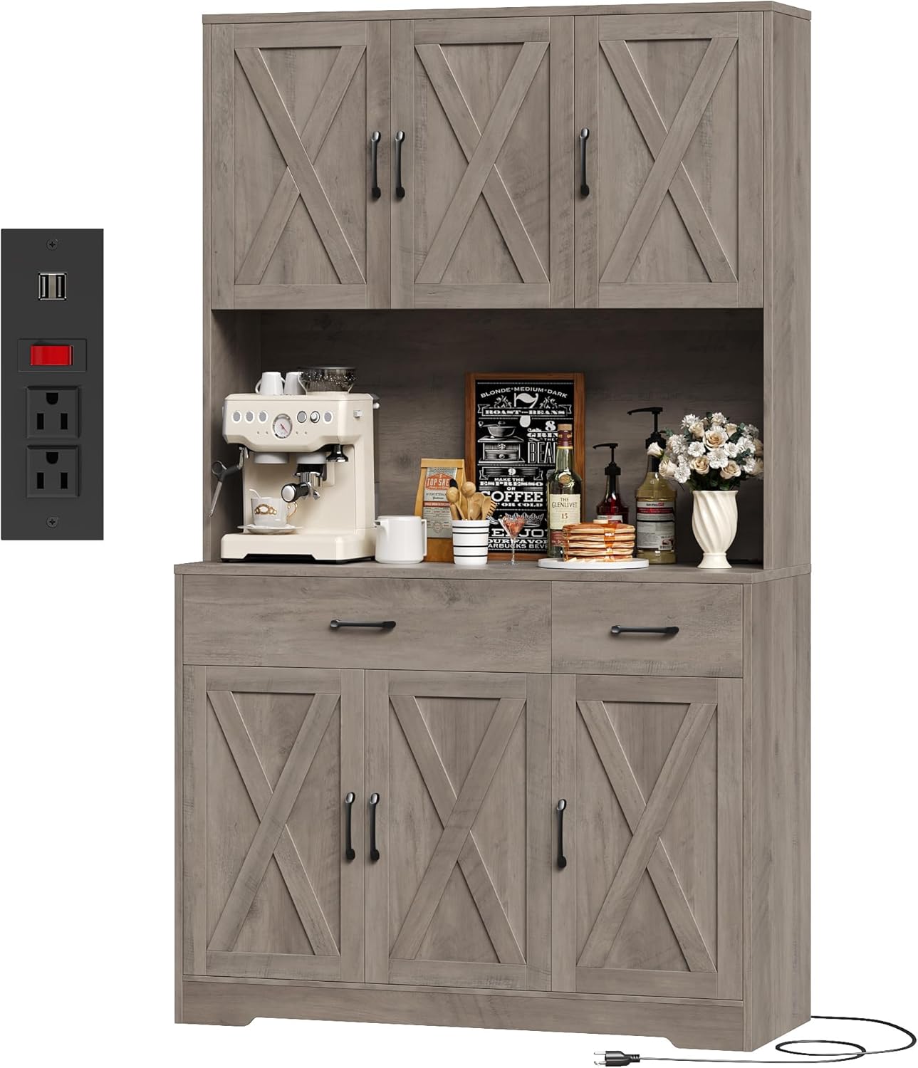 HOSTACK 71 Pantry Cabinet with Charging Station, Tall Kitchen Pantry Storage Cabinet with Microwave Stand, Farmhouse Kitchen Hutch with Storage Drawers for Living Room, Dining Room, Ash Grey