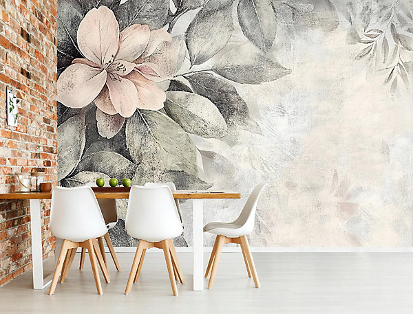 Papier Peint Panoramique Intissé Fleurs Feuilles Vintage 350x250 cm - Colle Inclus - Chambre et Salon