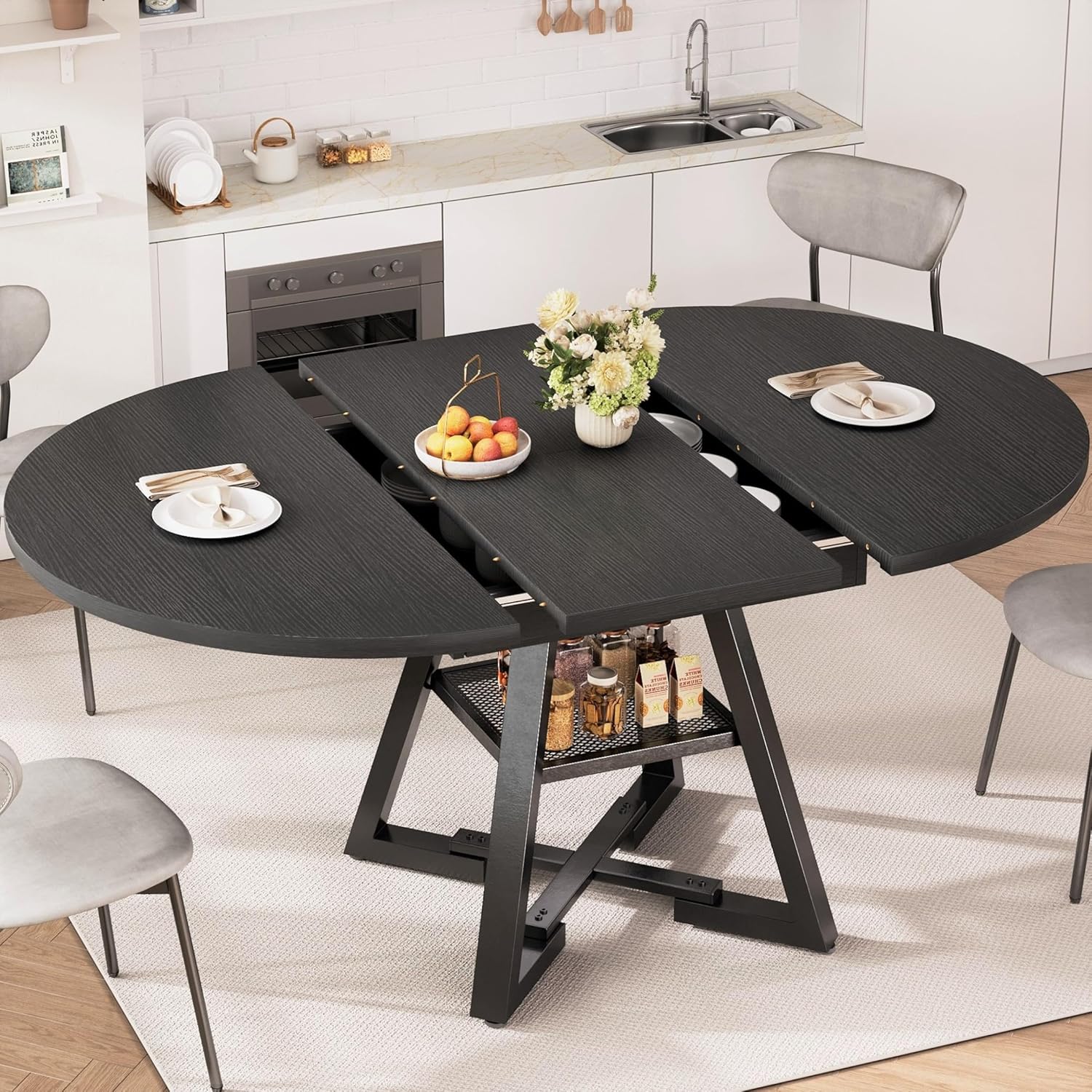 43‘’-57‘’ Extendable Round Dining Table for 4-6, Modern Industrial Kitchen Oval Dining Table with Removable Leaves, Space Saving Pedestal Base with Storage Shelf for Kitchen Living Room (Black)