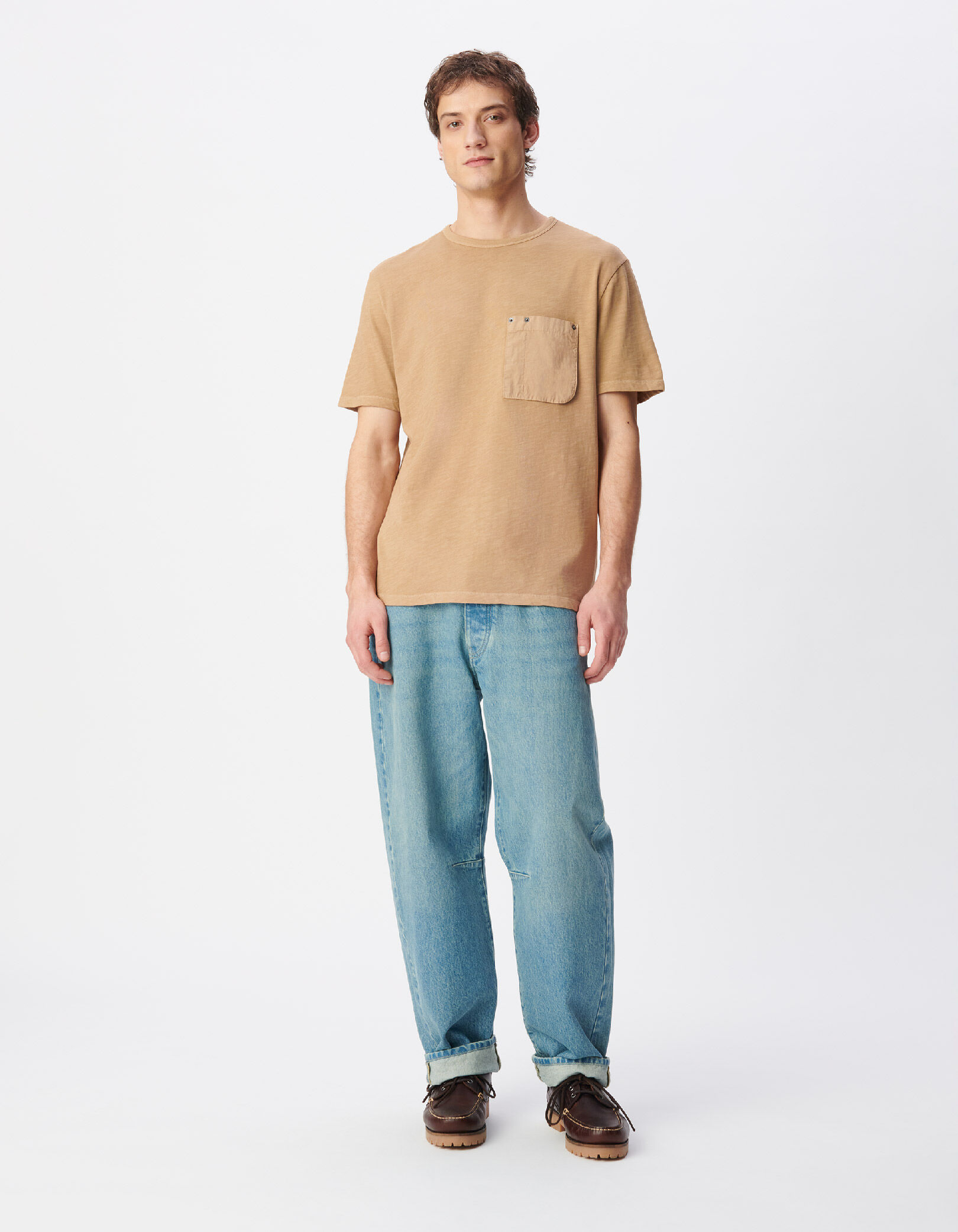 T-shirt beige col rond poche plaquée Homme