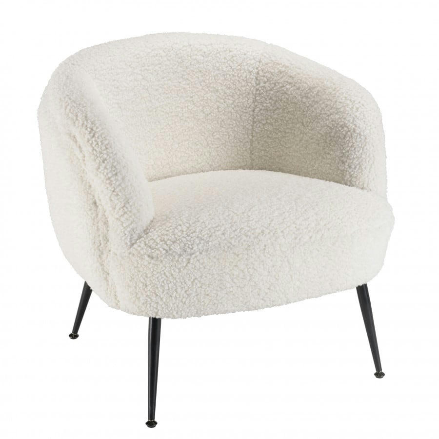 ALBANE - Fauteuil cosy tissu bouclette blanc pieds métal noir