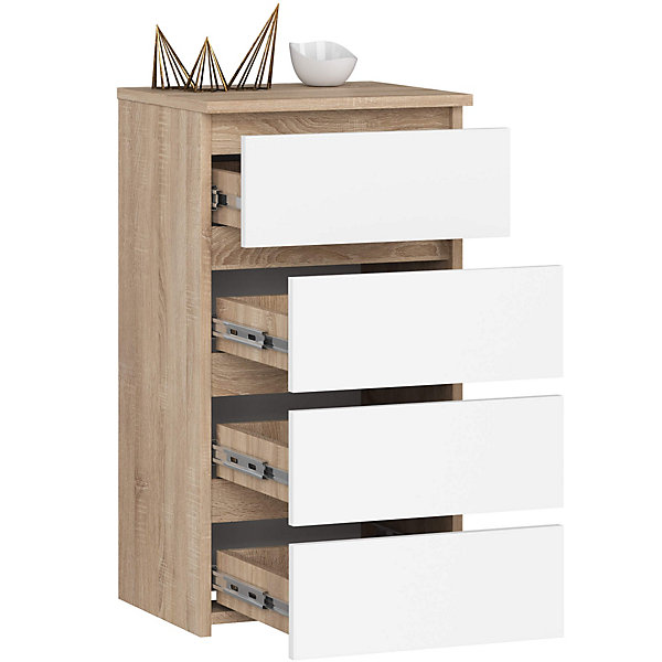 Commode AKORD CL4 Chêne Sonoma 40 cm 4 tiroirs façade Blanche 40x35x74 cm