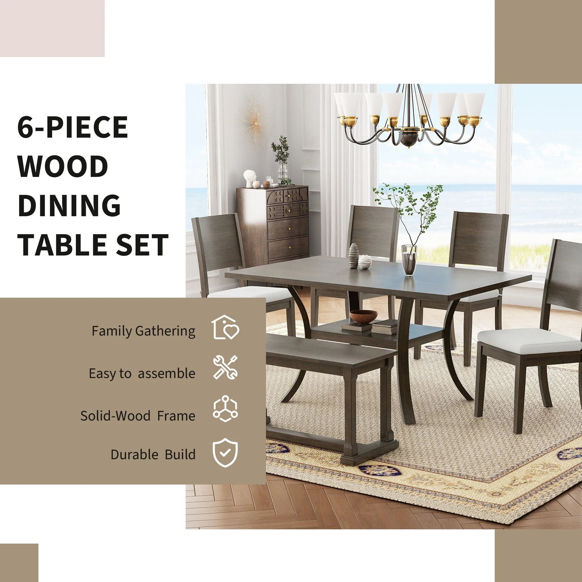 Roomfitters 6-Piece Wood Dining Table Set with Storage Shelf, Bench and Removable Cushion Chairs, Grey Brown