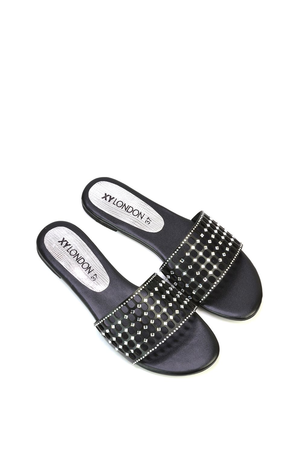 XY London Abbie' Mesh Strappy Diamante Slip On Flat Sandals Sliders