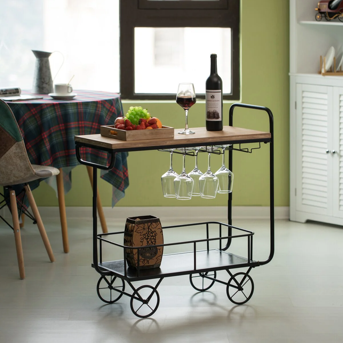 Metal Wine Bar Serving Cart with Rolling Wheels, Wine Rack, and Glass Holder