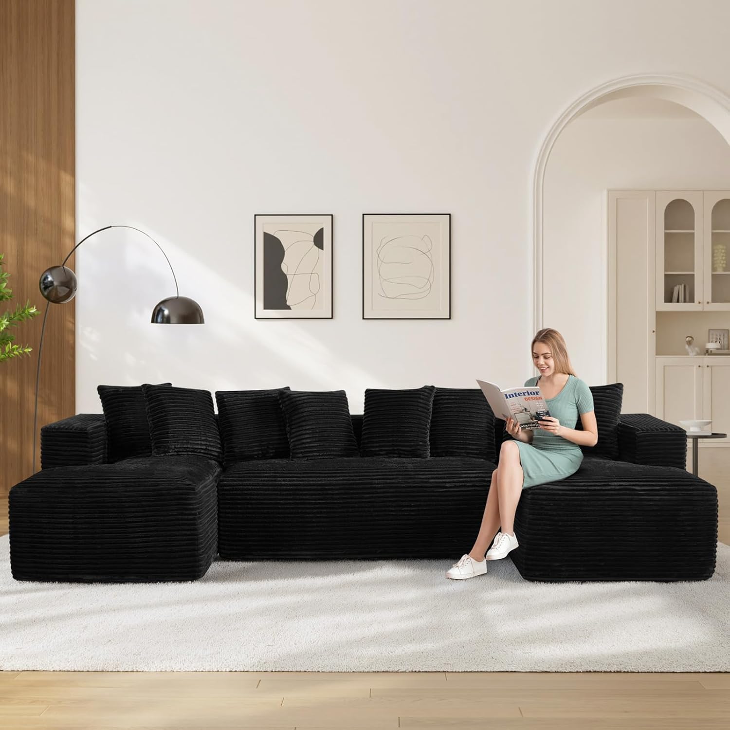 131 Oversized U Shaped Cloud Sectional Couches for Living Room, Comfy Fluffy Corduroy Black Boneless Sectionals Couch, Plush Memory Foam Modular Sectional Sofa with Double Chaise- 20 High Seat