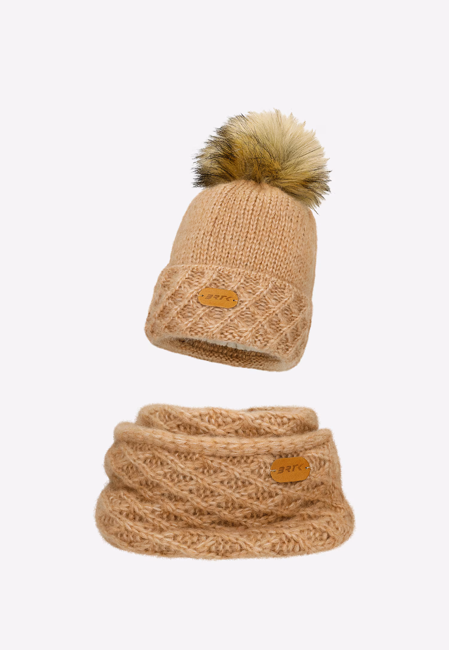 Jasnobrązowy zestaw BARTEK 85602-83 z wełną merino - czapka   komin