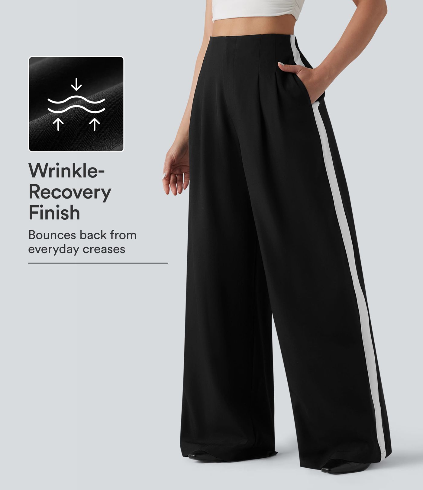 Pantalon baggy taille haute effet lin défroissage facile color block avec poches