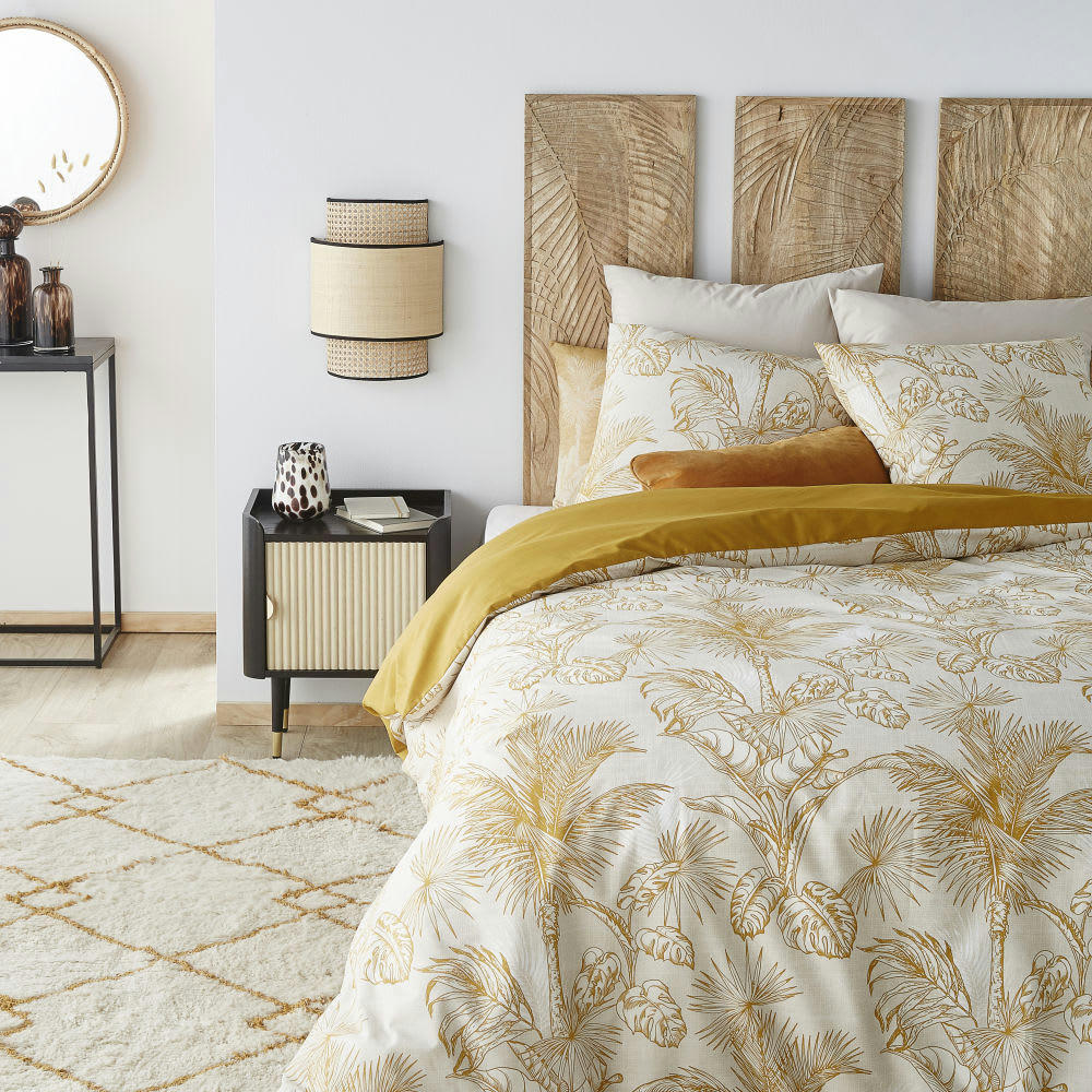 - Parure de lit en coton bio écru et caramel imprimé palmiers 240x260, OEKO-TEX®