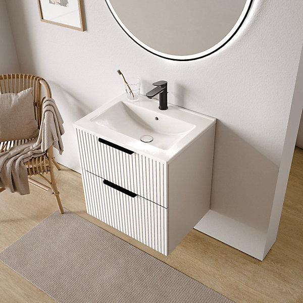 Meuble vasque Blanc mat strié de salle de bain 60x46x62cm (LxPxH)   vasque céramique, Poignées Noir mat - TIM60