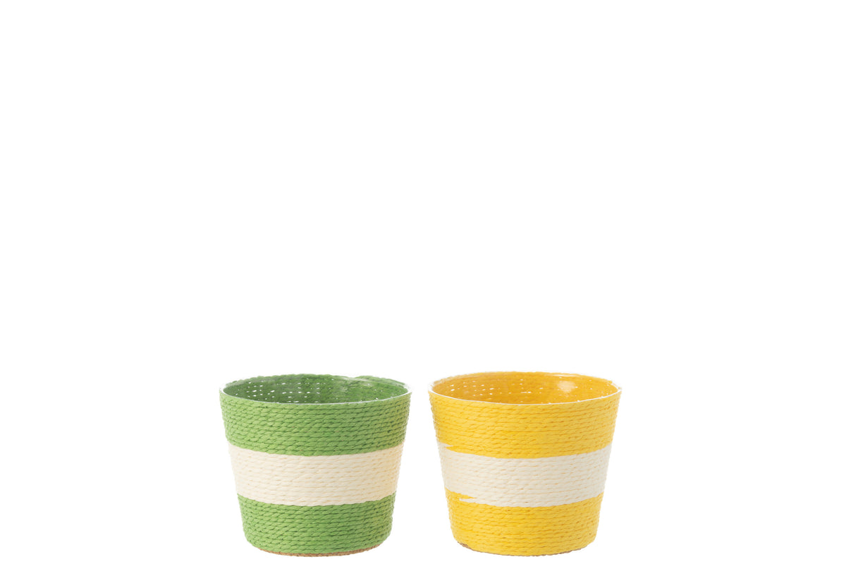 J-Line bloempot Touwtjes Streep - papier - geel/groen - extra small - 2 st. - Ø 11.5 cm