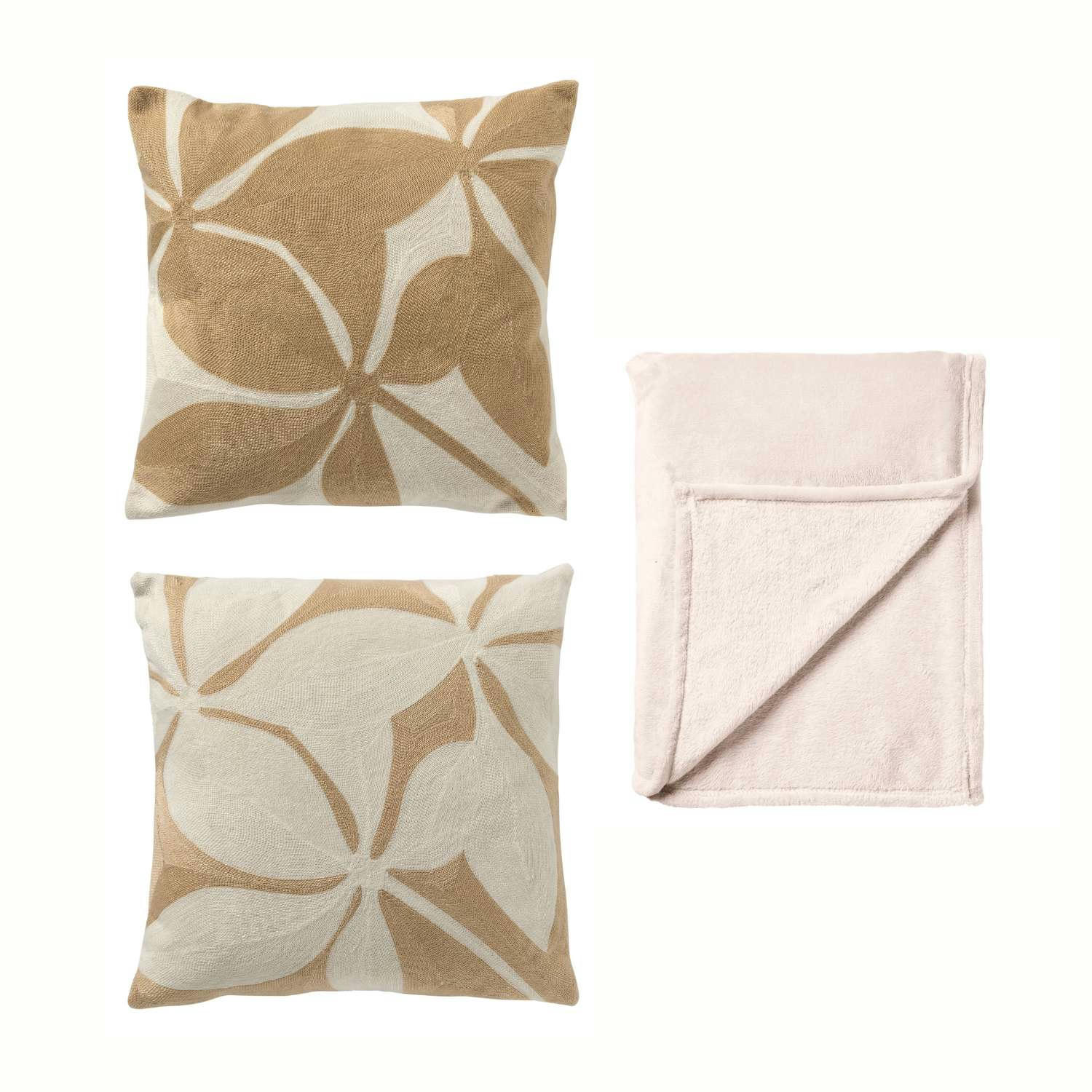 - LOT DE 3 - Nude Pastels - 2x Coussin 45x45 cm - Plaid _ Snow White - B
