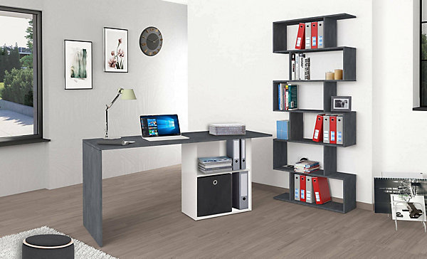 Bureau Raimondo, Bureau PC Linéaire, Table de bureau polyvalente, Bureau peu encombrant, 110x50h75 cm, Blanc brillant et ardoise
