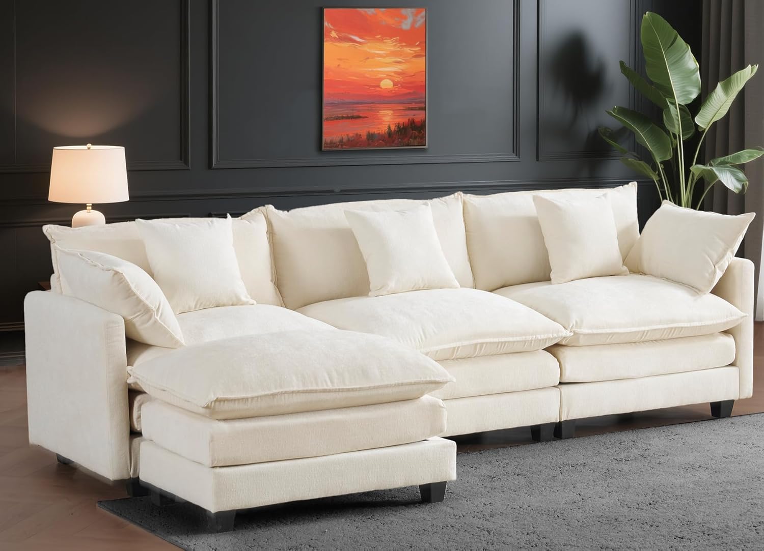 111.4 Modular Sectional Sofa｜Comfy Cloud Couch with Movable Ottoman Deep Seat｜Chenille L Shaped Modular Sofa Sectional Couches for Living Room, Bedroom and Apartment｜Beige