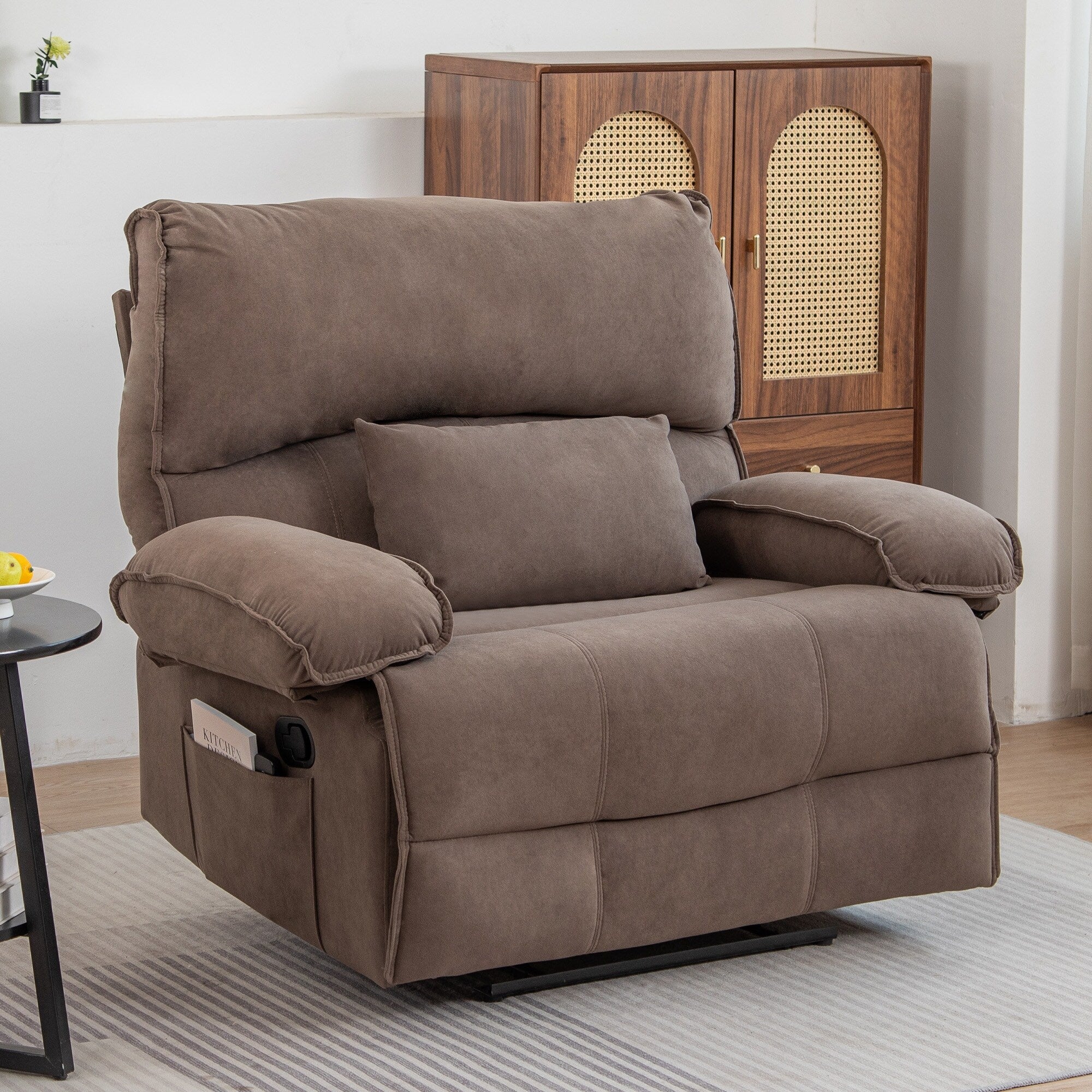Brown Oversized Velvet Upholstered Manual Recliner with Massage Heating Lumbar Pillow, Pillow Top Arms, Side Pockets