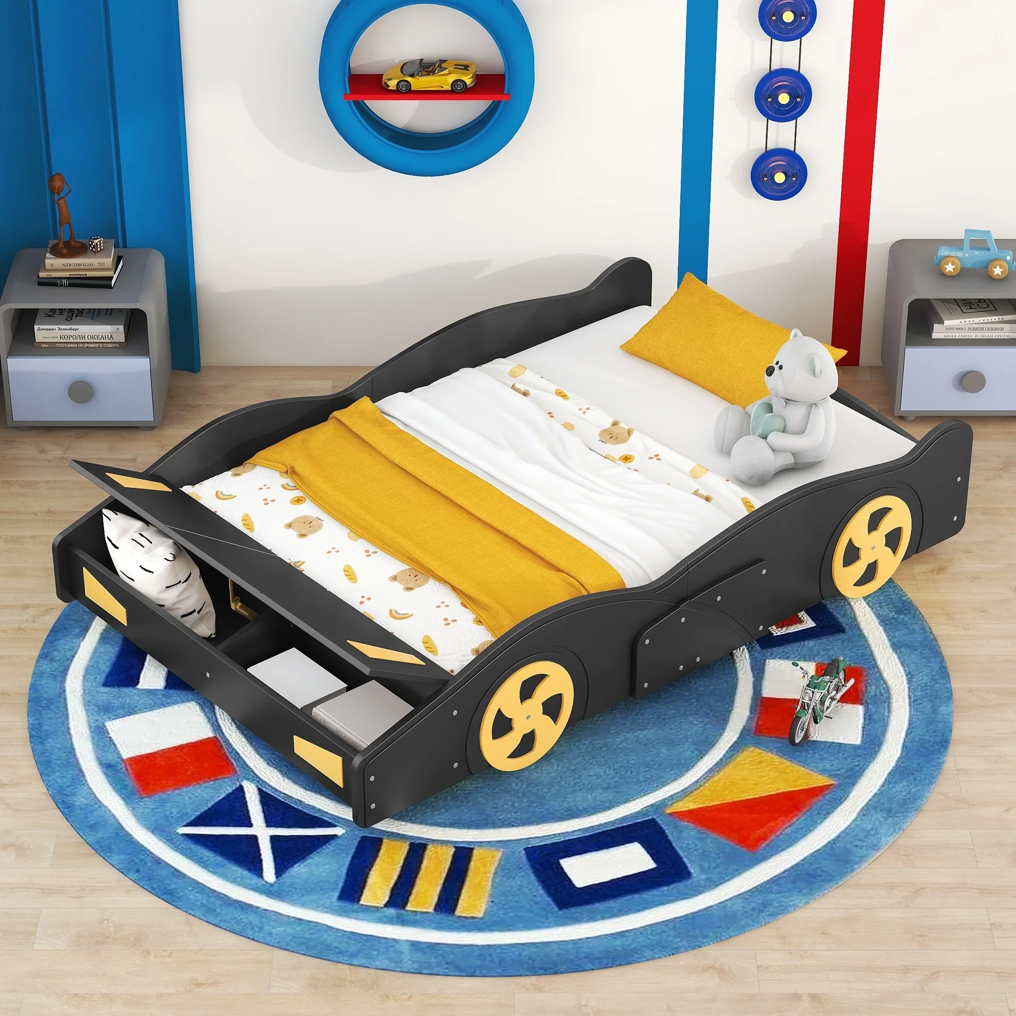 Full Race Car Bed with Storage, Wheels, and Sturdy Pine Wood Frame