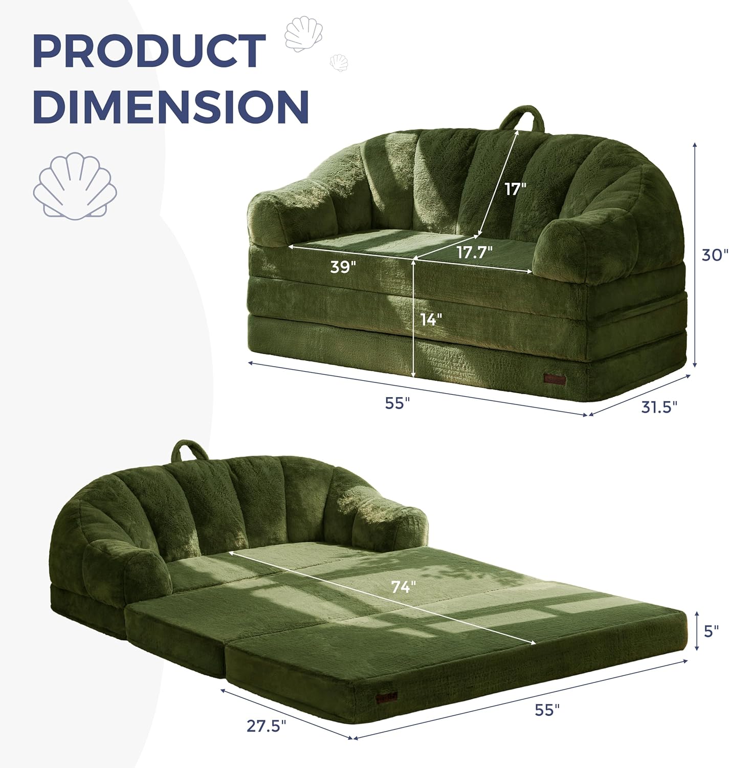 MAXYOYO Folding Sofa Bed, 2 in 1 Convertible Sofa to Lounger Comfy Loveseat Bean Bag Chair for Adults, Floor Sleeper Couch with Handle, Faux Fur Couch Bed for Living Room Bedroom, Green, Loveseat
