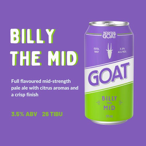 Mountain Goat Billy The Mid, Full Flavoured, Mid-Strength Beer, Crisp & Refreshing, 3.5% ABV, 375mL (Case of 24 Cans)