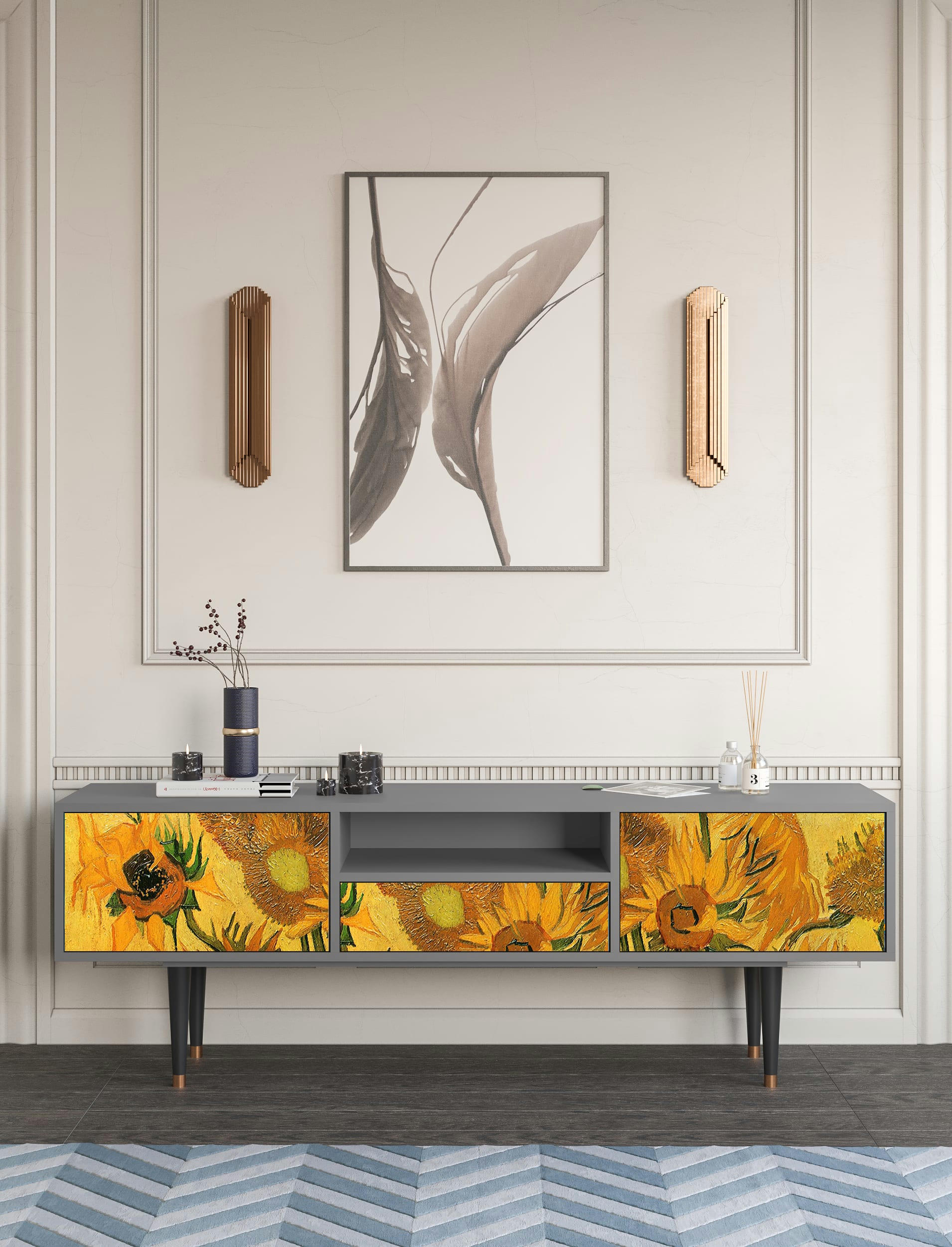 SUNFLOWERS BY VINCENT VAN GOGH - Meuble TV  jaune 1 tiroir et 2 portes L 170 cm