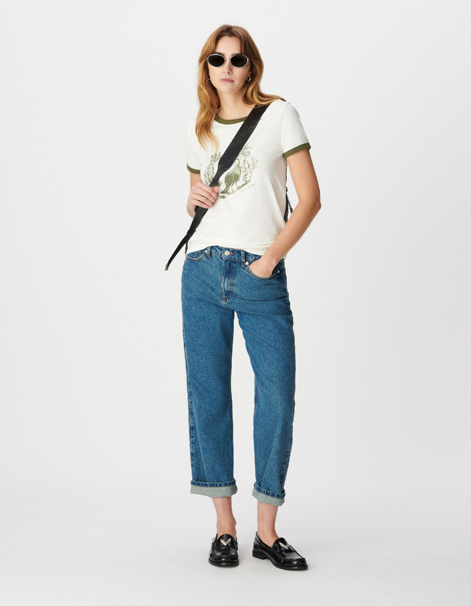 Tee-shirt manches courtes écru visuel oiseau kaki Femme