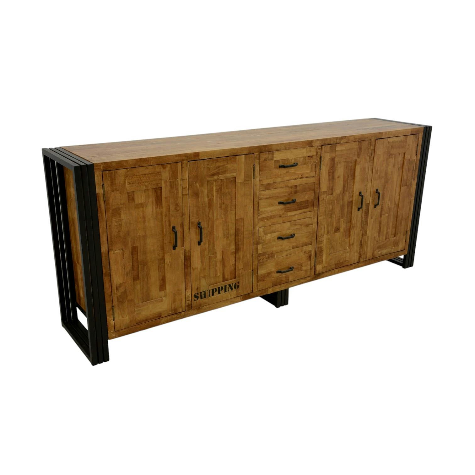 Buffet enfilade hévéa recyclé naturel et métal noirci 4 tiroirs 4 portes 220X45X90cm DOCKER