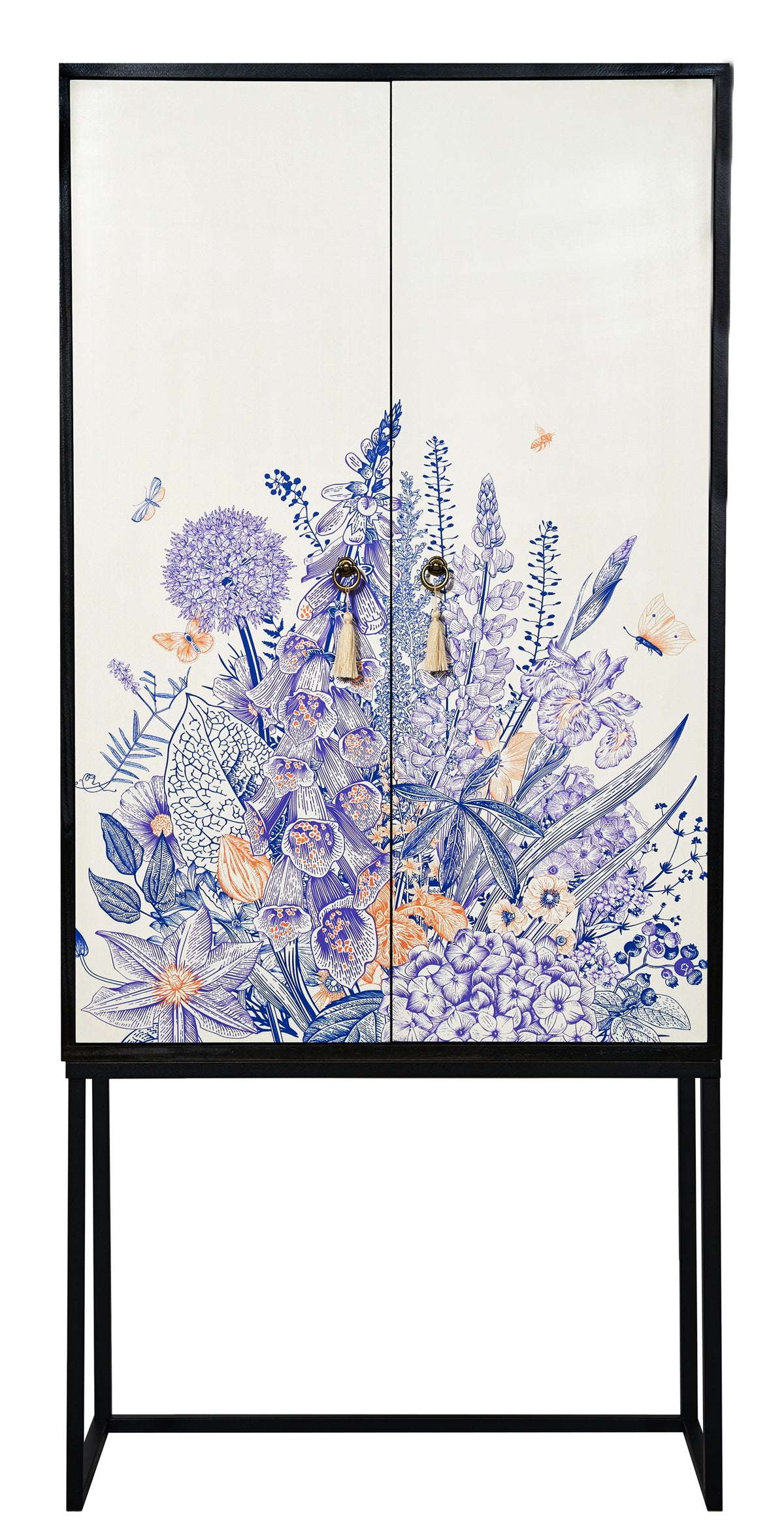 Kast dressoir met 2 deuren van MDF met met blauw en paars bloemenmotief