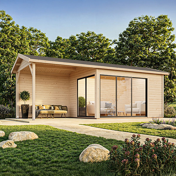Abri de jardin Palmako Amanda bois naturel ép.44 mm avec pergola 9,9m² 25m²