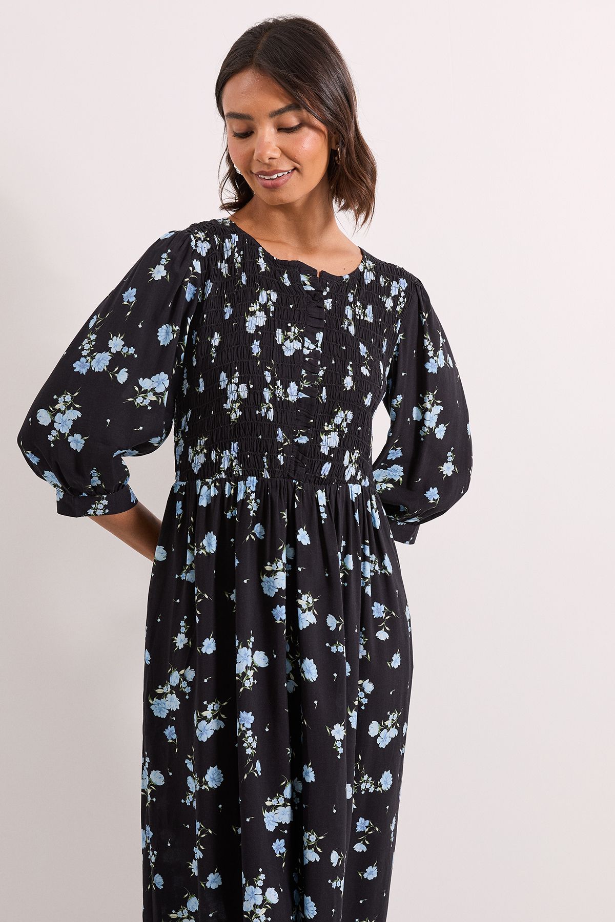 Dorothy Perkins Floral Shirred Bodice Button Detail Midi Dress