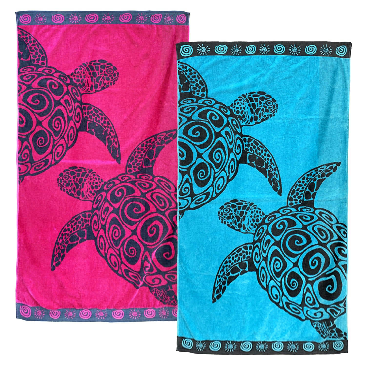 PLAGE - Pack Serviettes de plage éponge velours Jacquard Tortues Taille L