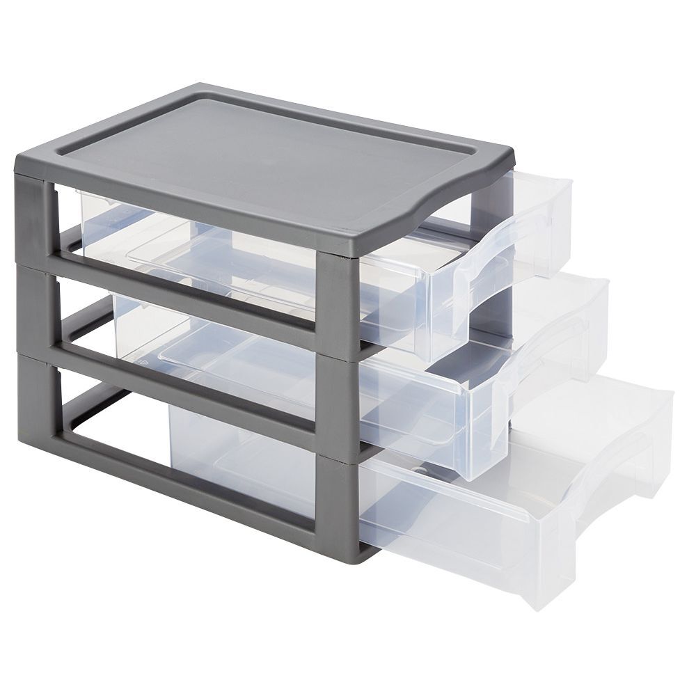 Tour de rangement A4 3 tiroirs grise et transparente 12L