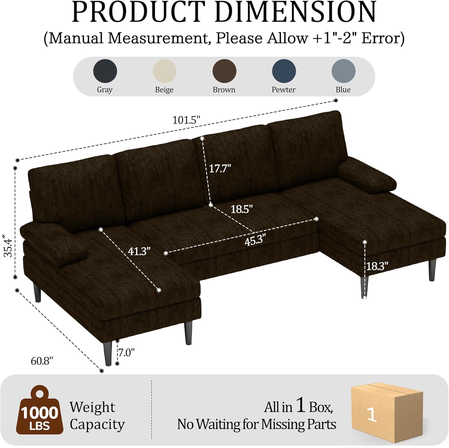 Korser U-Shaped Sectional Couches for Living Room, 101 Inch Modern Modular Sofa with Double Chaise Lounge, Comfy Chenille Fabric 4-Seat Couch Set for Apartment, Brown