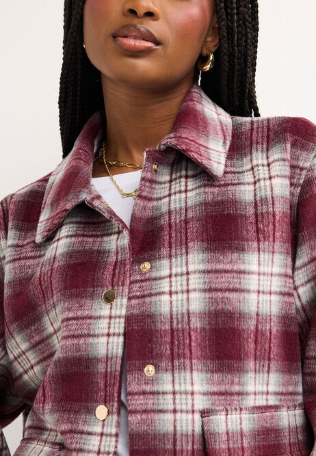 Womens Burgundy Check Wool Blend Shirt Jacket