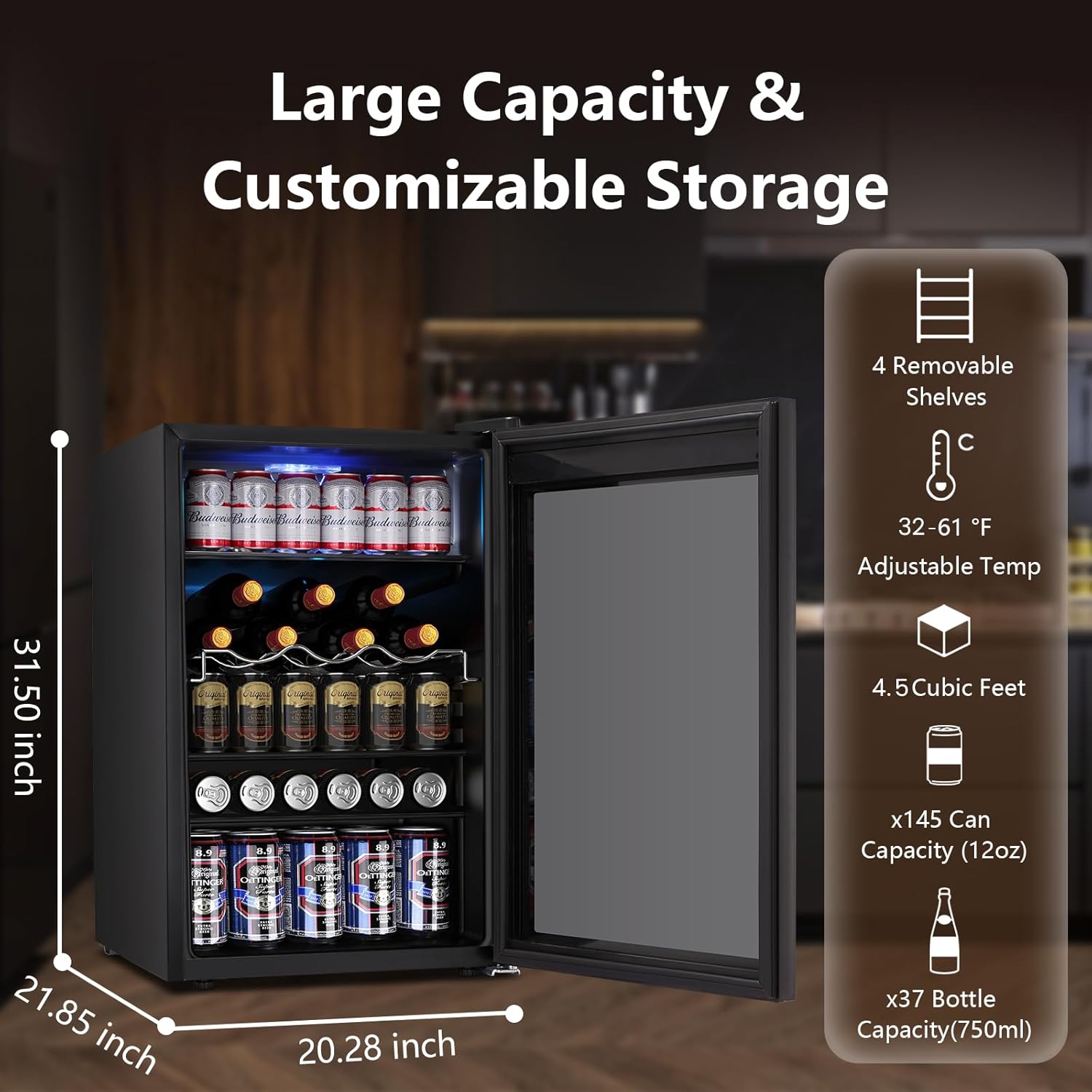 Electactic 37 Bottle Wine Fridge,Freestanding 145 Can Beverage Refrigerator with Smart Temperature Control，4.5 CU FT Quiet Mini Fridge with Child Lock Panel for Family Restaurant Bar, Black