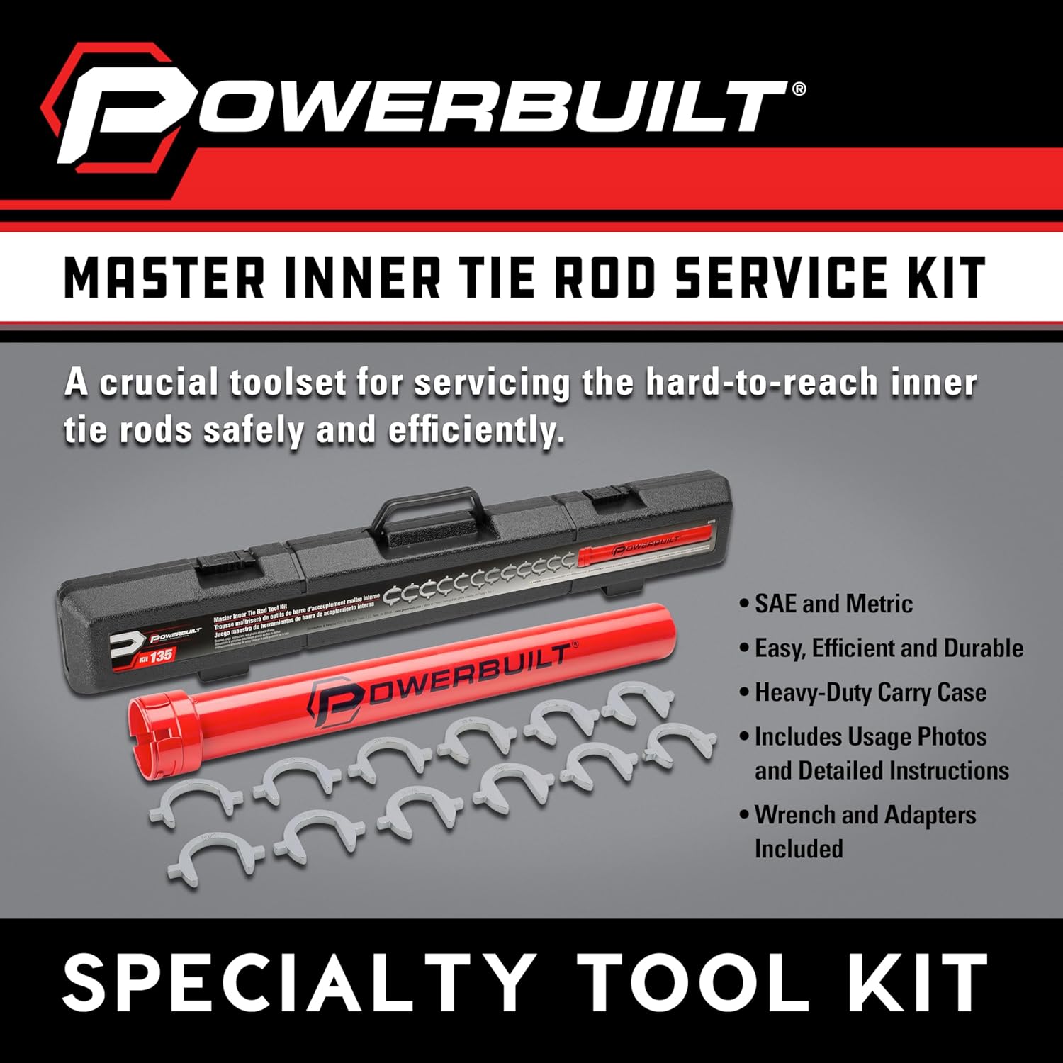 Powerbuilt Master Inner Tie Rod Removal Tool Kit, 13 Pieces, Steering and Suspension, Adapter and Extension Wrench, Storage Case - 647785