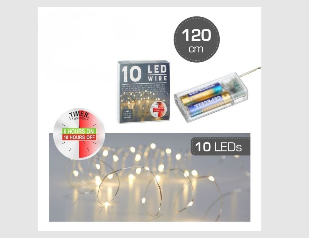 LED-Drahtlichterkette 10 LEDs warmweiß 1,20m mit Timer