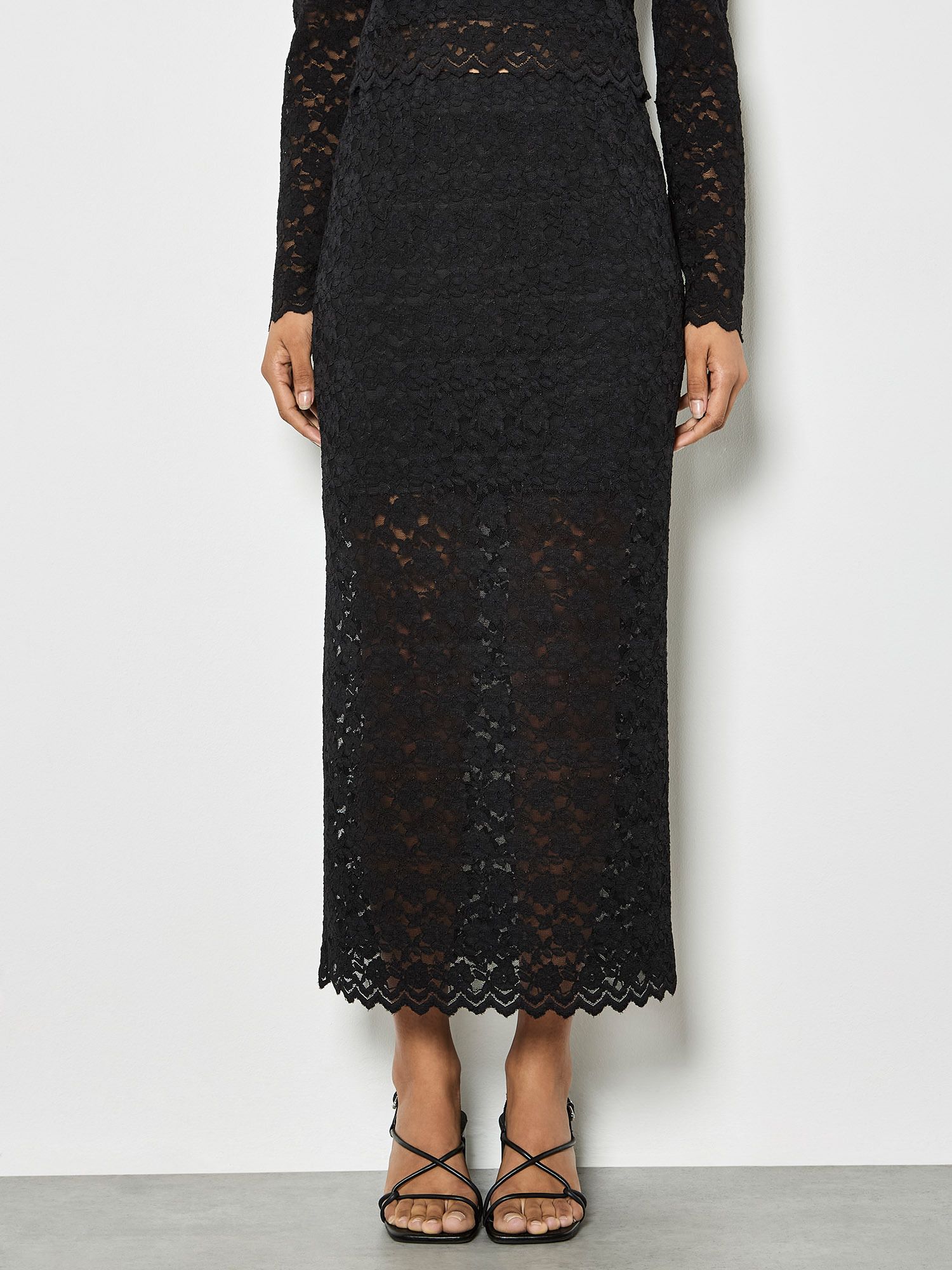 Apricot Floral Leaf Lace Midi Skirt