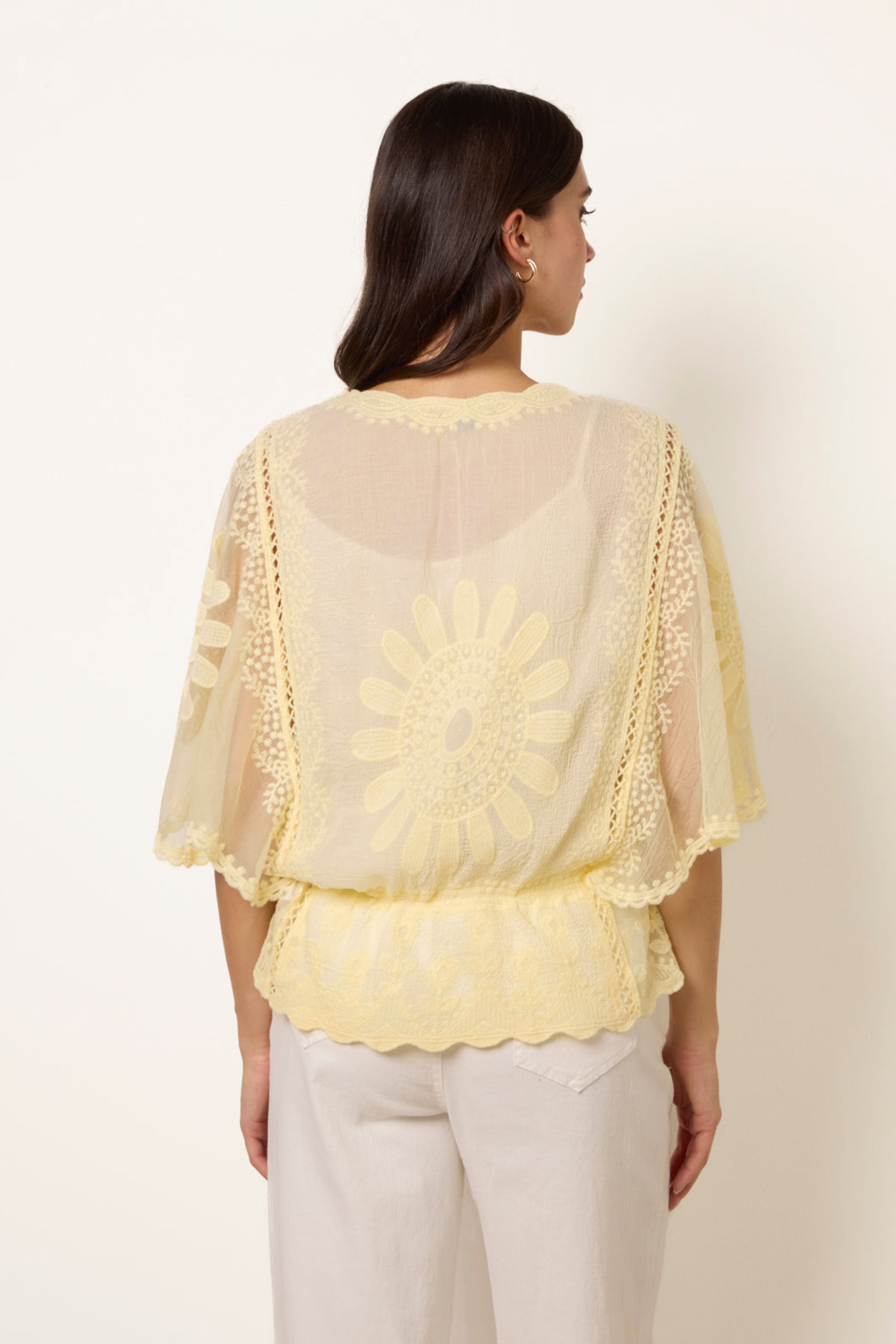 Blue Vanilla Lemon Sun Flower Lace Sleeve Blouse