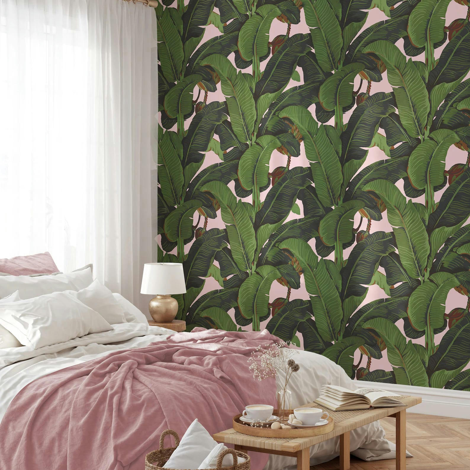 TROPICALI - Papier Peint Rose Feuilles de Bananier 250x200 cm