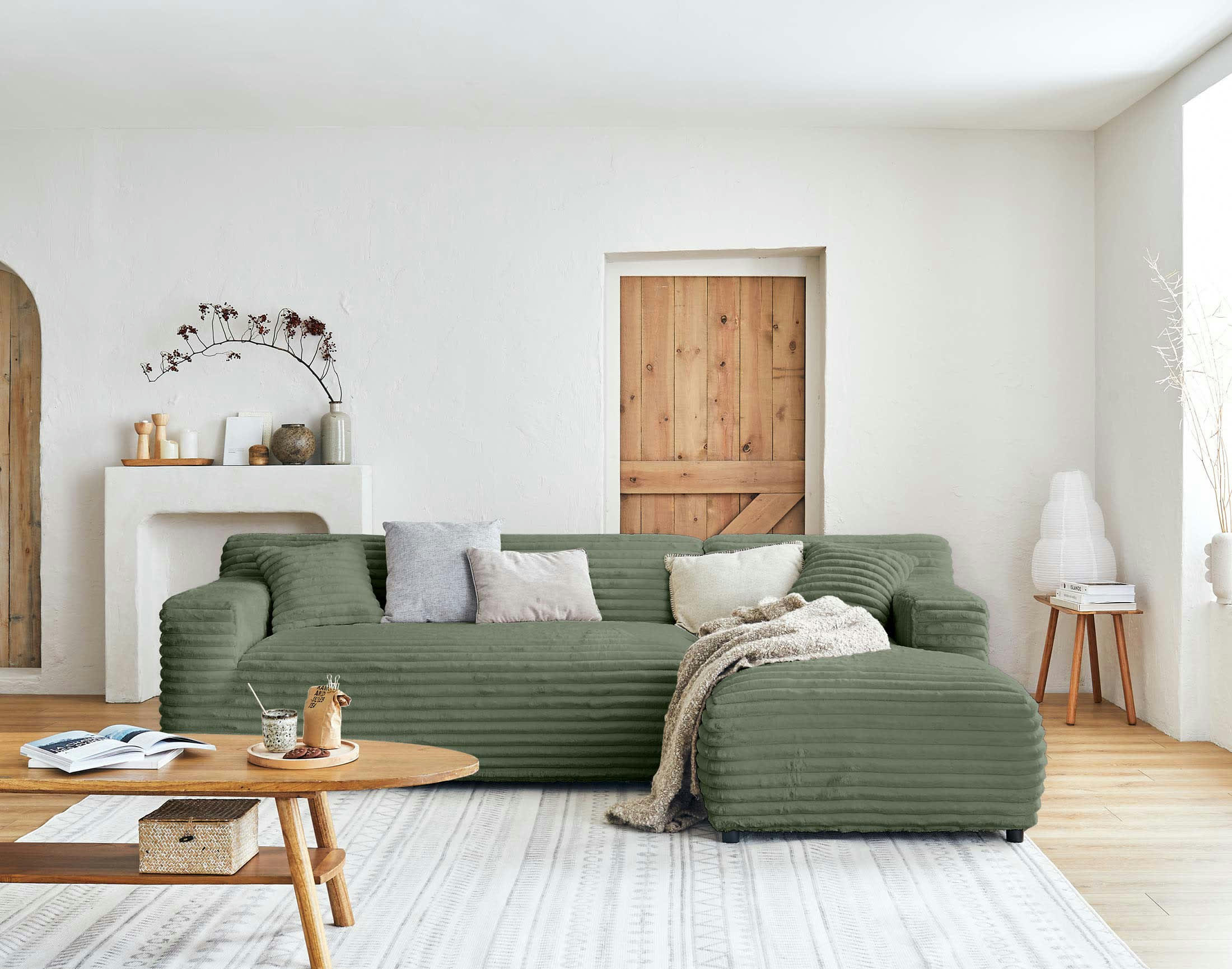 LAPONIE - Canapé d'angle droit 4 places en velours grosses côtes vert