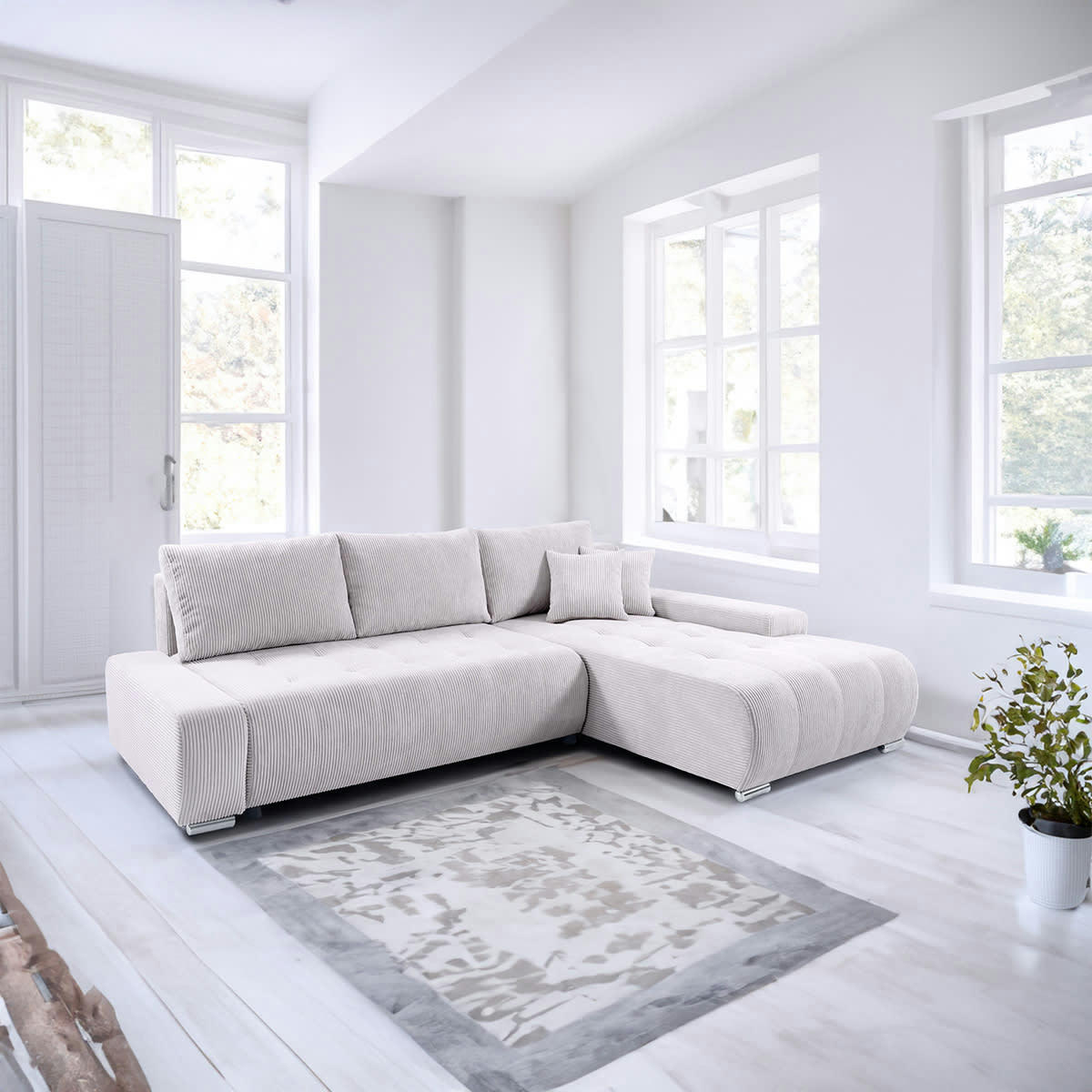 - Canapé d'angle convertible droit 4 places coffre velours côtelé blanc